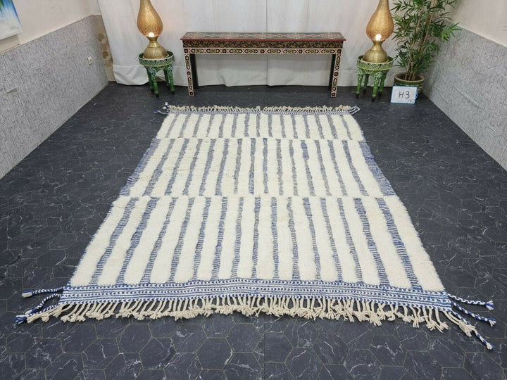 STUNNING BENIOURAIN CARPET, Moroccan Handmade Rug, White And Blue Rug, Striped Rug, Handmade Wool Carpet, Azilal Berber Rug, Handwoven Rug