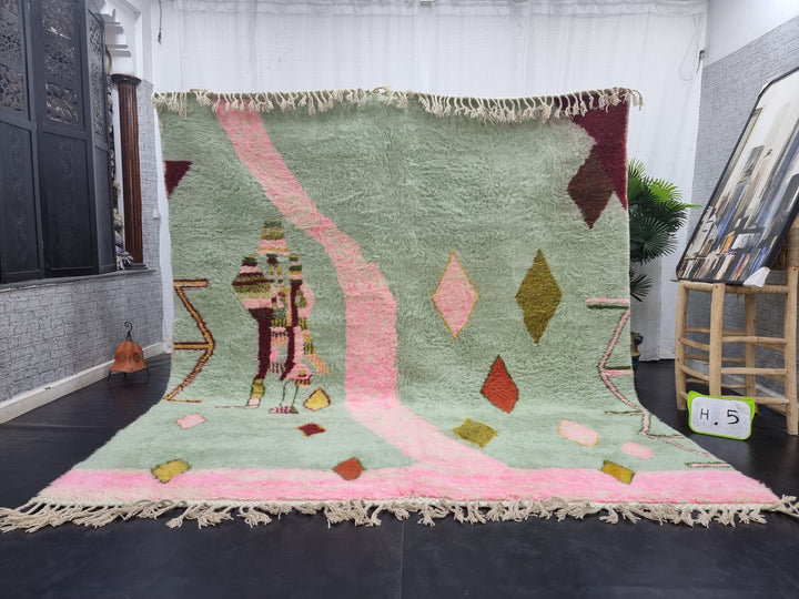 STUNNING BENIOURAIN RUG, Handmade Wool Rug, Moroccan Rug, Abstract Light Green And Pink Rug, Sheep Wool Rug, Handwoven Rug,Azilal Berber Rug