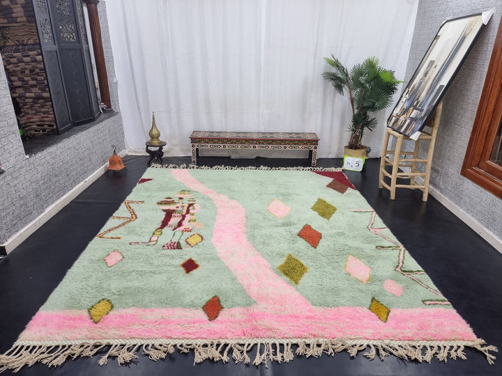 STUNNING BENIOURAIN RUG, Handmade Wool Rug, Moroccan Rug, Abstract Light Green And Pink Rug, Sheep Wool Rug, Handwoven Rug,Azilal Berber Rug