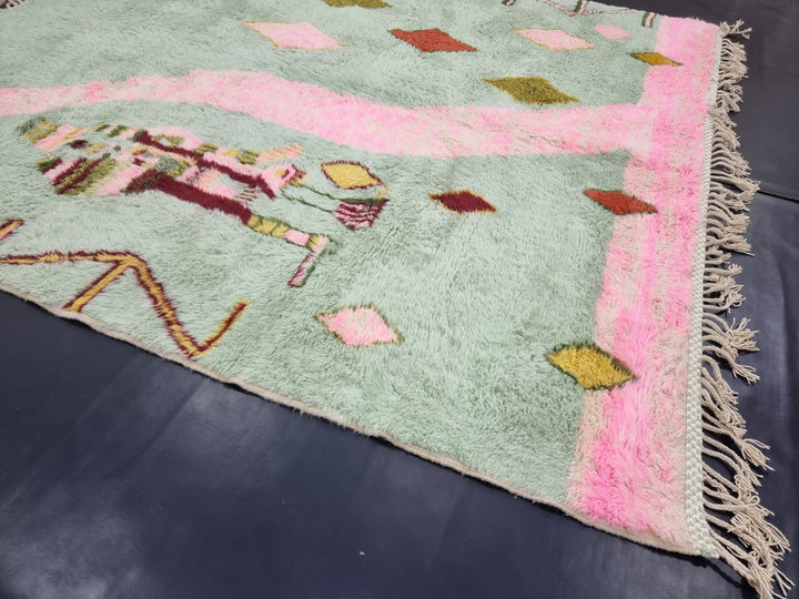 STUNNING BENIOURAIN RUG, Handmade Wool Rug, Moroccan Rug, Abstract Light Green And Pink Rug, Sheep Wool Rug, Handwoven Rug,Azilal Berber Rug