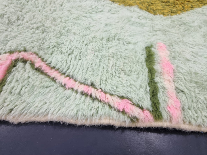 STUNNING BENIOURAIN RUG, Handmade Wool Rug, Moroccan Rug, Abstract Light Green And Pink Rug, Sheep Wool Rug, Handwoven Rug,Azilal Berber Rug