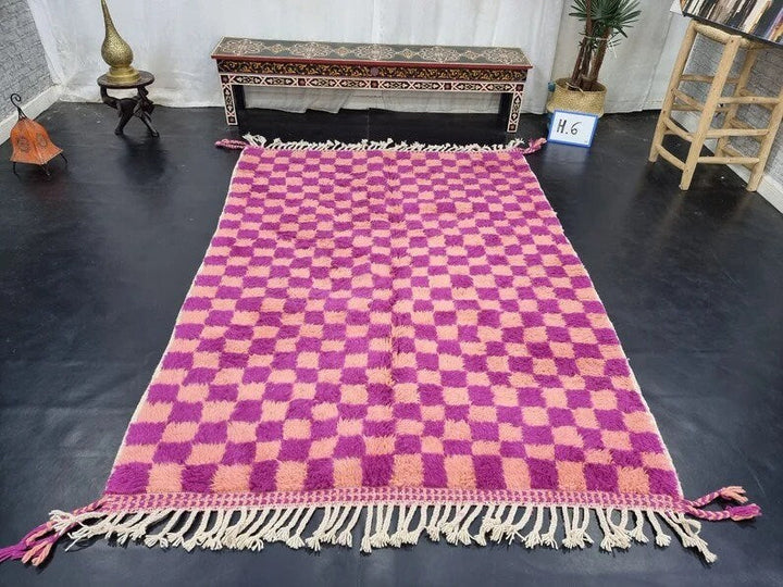 STUNNING MOROCCAN RUG, Beni Ourain Rug, Magenta And Faded Orange Handmade Wool Rug,Berber Rug, Checkered Rug, Azilal Rug, Handwoven Wool Rug