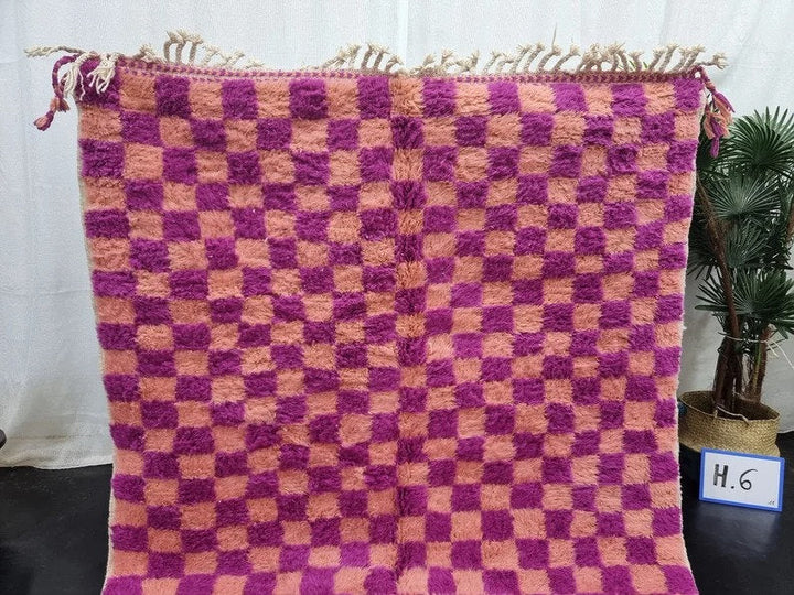 STUNNING MOROCCAN RUG, Beni Ourain Rug, Magenta And Faded Orange Handmade Wool Rug,Berber Rug, Checkered Rug, Azilal Rug, Handwoven Wool Rug