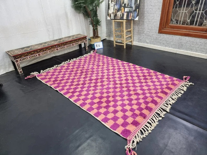 STUNNING MOROCCAN RUG, Beni Ourain Rug, Magenta And Faded Orange Handmade Wool Rug,Berber Rug, Checkered Rug, Azilal Rug, Handwoven Wool Rug