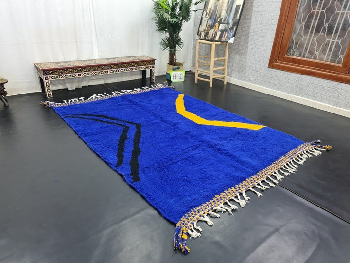 STUNNING MOROCCAN RUG, Blue And Yellow Rug, Beni Ourain Rug, Berber Wool Rug, Handwoven Abstract Rug, Azilal Carpet,Beniourain Wool Rug.