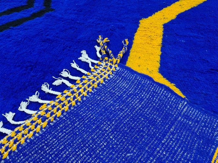 STUNNING MOROCCAN RUG, Blue And Yellow Rug, Beni Ourain Rug, Berber Wool Rug, Handwoven Abstract Rug, Azilal Carpet,Beniourain Wool Rug.