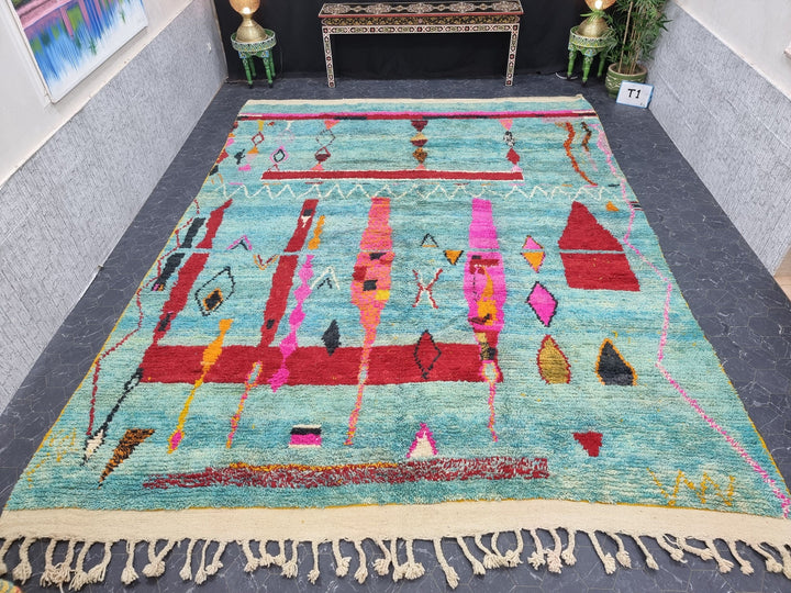 Unique Moroccan Rug, Handmade Boujad Rug, Azilal Abstract Carpet, Turquoise Rug, Handmade Wool Rug, Moroccan Berber carpet, Bohemian Rug.