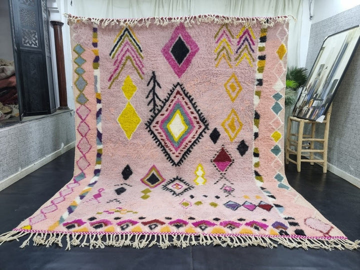 Vibrant Azilal Rug, Moroccan Rug, Sheep Wool Rug, Rug, Authentic Carpet, Geometric Pink Rug, Handmade Rug, Berber Symbols Rug, Bohemian Rug.