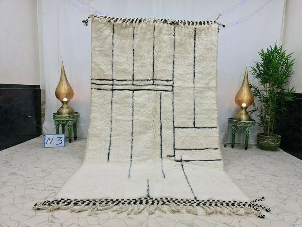 WONDERFUL BENIOURAIN CARPET,Moroccan Handmade Rug, White And Black Rug, Abstract Rug, Handmade Wool Carpet, Azilal Berber Rug, Handwoven Rug